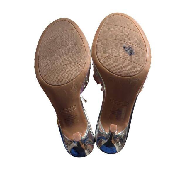 Y2K CLEAR RHINESTONE SILVER NINE WEST SPARKLE SANDALS HEELS SIZE 8. - Picture 7 of 7